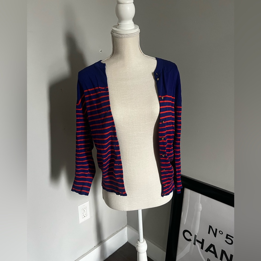 Orange and blue striped J.Crew cardigan